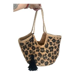 Jute Woven‎ Purse Tote Travel Bag Black Floral